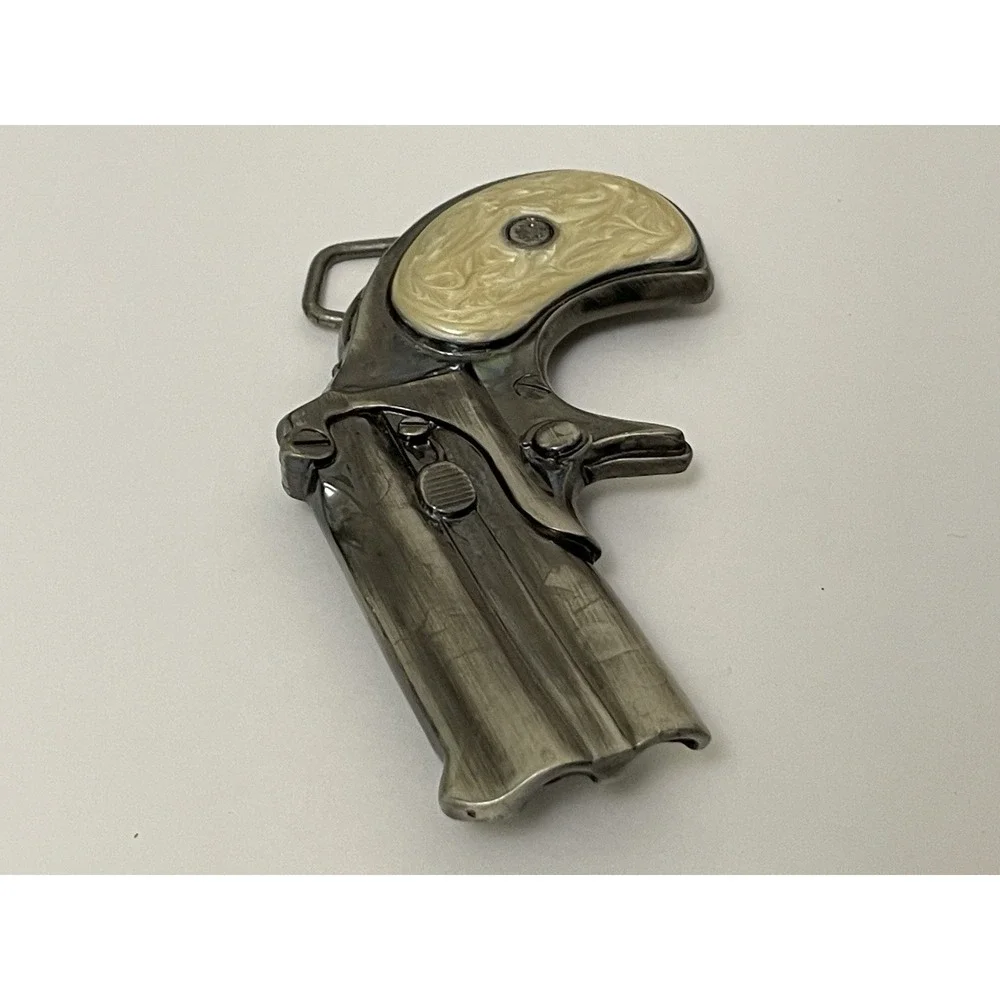 Vintage Remington Style Derringer Pistol Belt Buckle - Faux Pearl Grips
